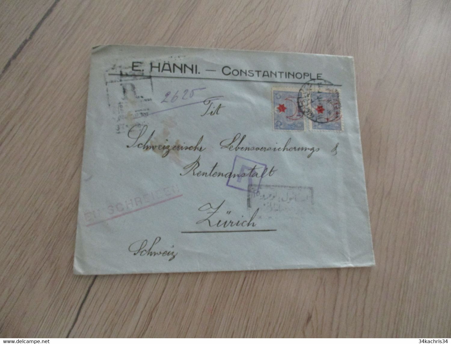 Lettre Turquie Turkey E.Hänni Constantinople En Recommandé Pour Zurich 2 Old Stamps Surchrgés 1916 - Covers & Documents