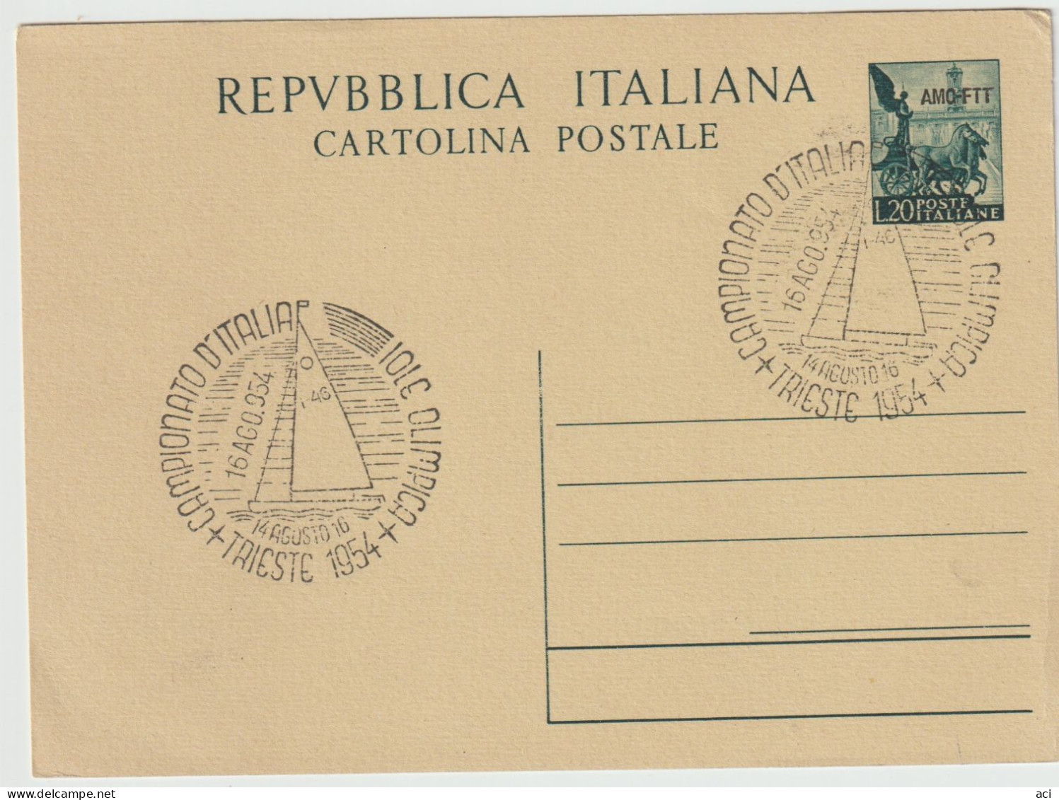 Italia Trieste 1954 Cartolina Postale  Lire 20 Quadriga ,souvenir Postmark, Campionato D'Italia Vela , - Storia Postale