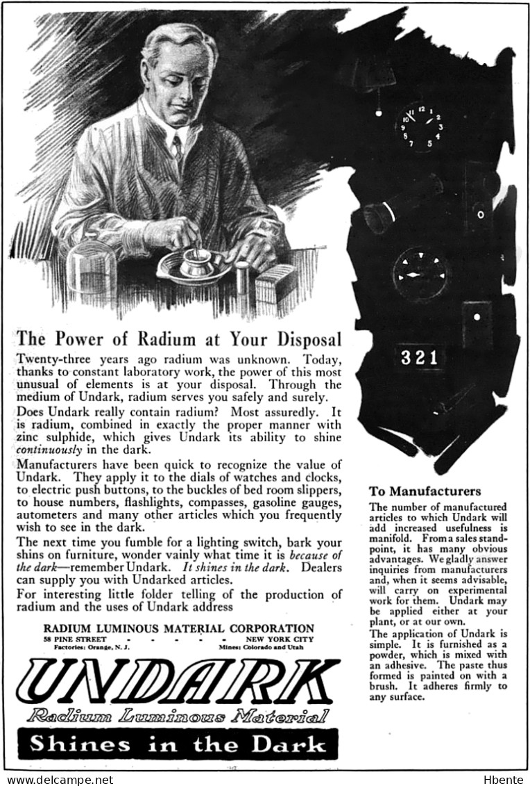 Undark Radium Luminous Material Dials Watches Clocks Shines In Dark - Advertising 1921 (Photo) - Objets