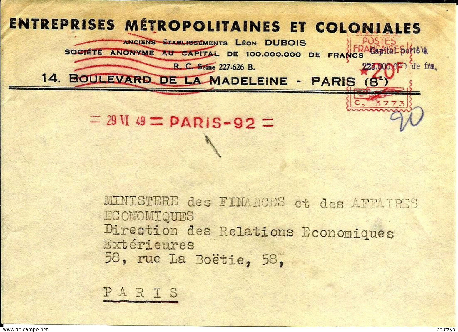 Lettre Flamme  EMA  Havas C 1949 Entreprises Metropolitaines Coloniales Metiers 75 Paris C26/28 - Usines & Industries