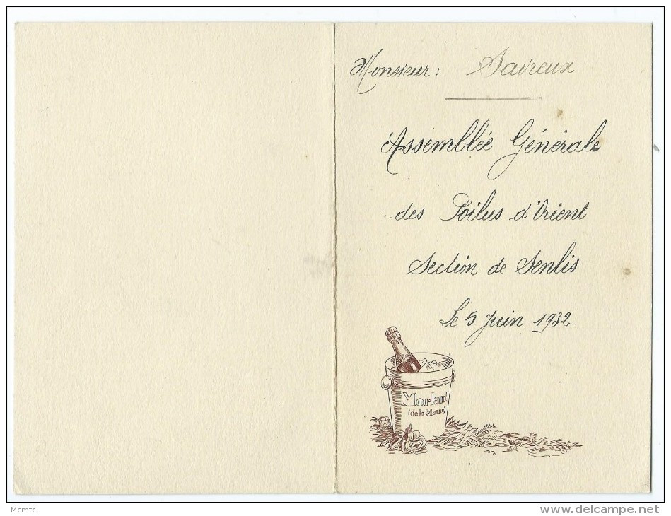 Menu - Assemblée Générale Des Poilus D'Orient Section De Senlis - 5 Juin 1932 - Menus