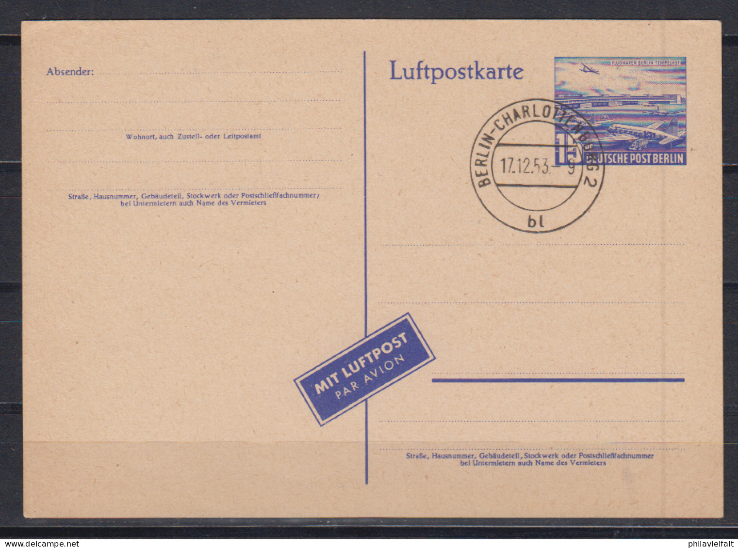 Berlin Luftpostkarte FDC MiNo. P 16a Versandstellen-o 1.Tag (Michel Unbekannt, Als FDC Selten) - Postcards - Used