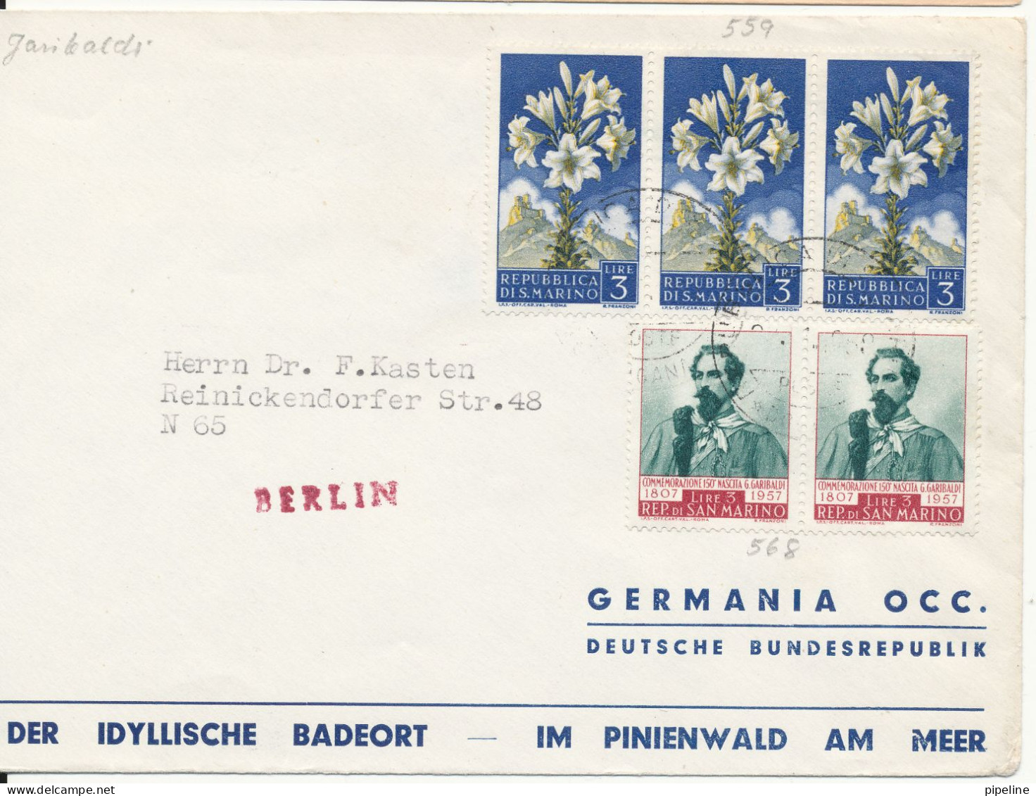 San Marino Cover Sent To Germany 1957 (the Cover Is Cut In The Left Side) - Storia Postale