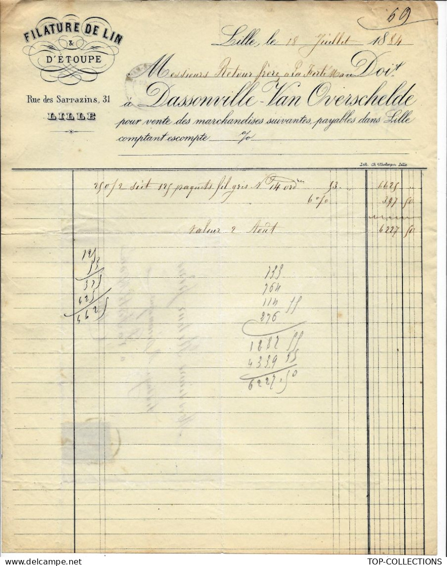 1884 ENTETE  FILATURE DE LIN Dassonville Van Overschelde Lille Pour Retour Frères à La Ferté Macé Orne V.SCANS - 1800 – 1899