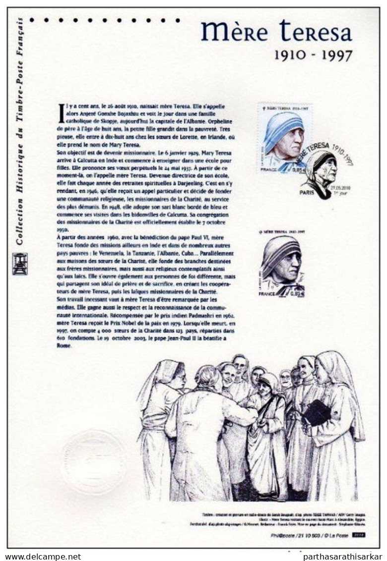 FRANCE 2010 100TH BIRTH ANNIVERSARY OF MOTHER TERESA, 1910-1997 OFFICIAL CANCELED FOLDER WITH DIE PROOF - Madre Teresa