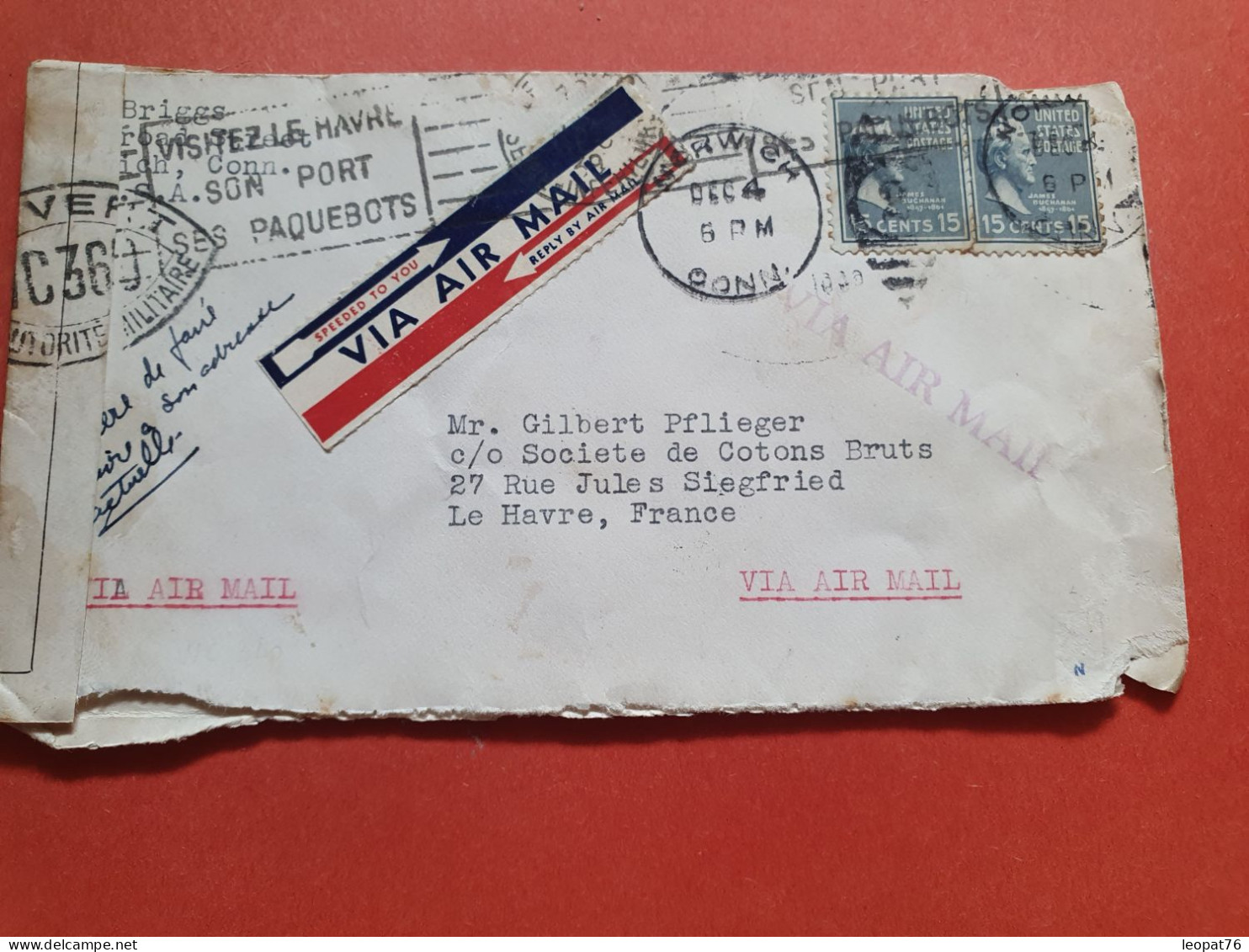 Etats Unis - Enveloppe De Norwich Pour Le Havre En 1939 Avec Contrôle Postal  - Réf J 219 - Cartas & Documentos