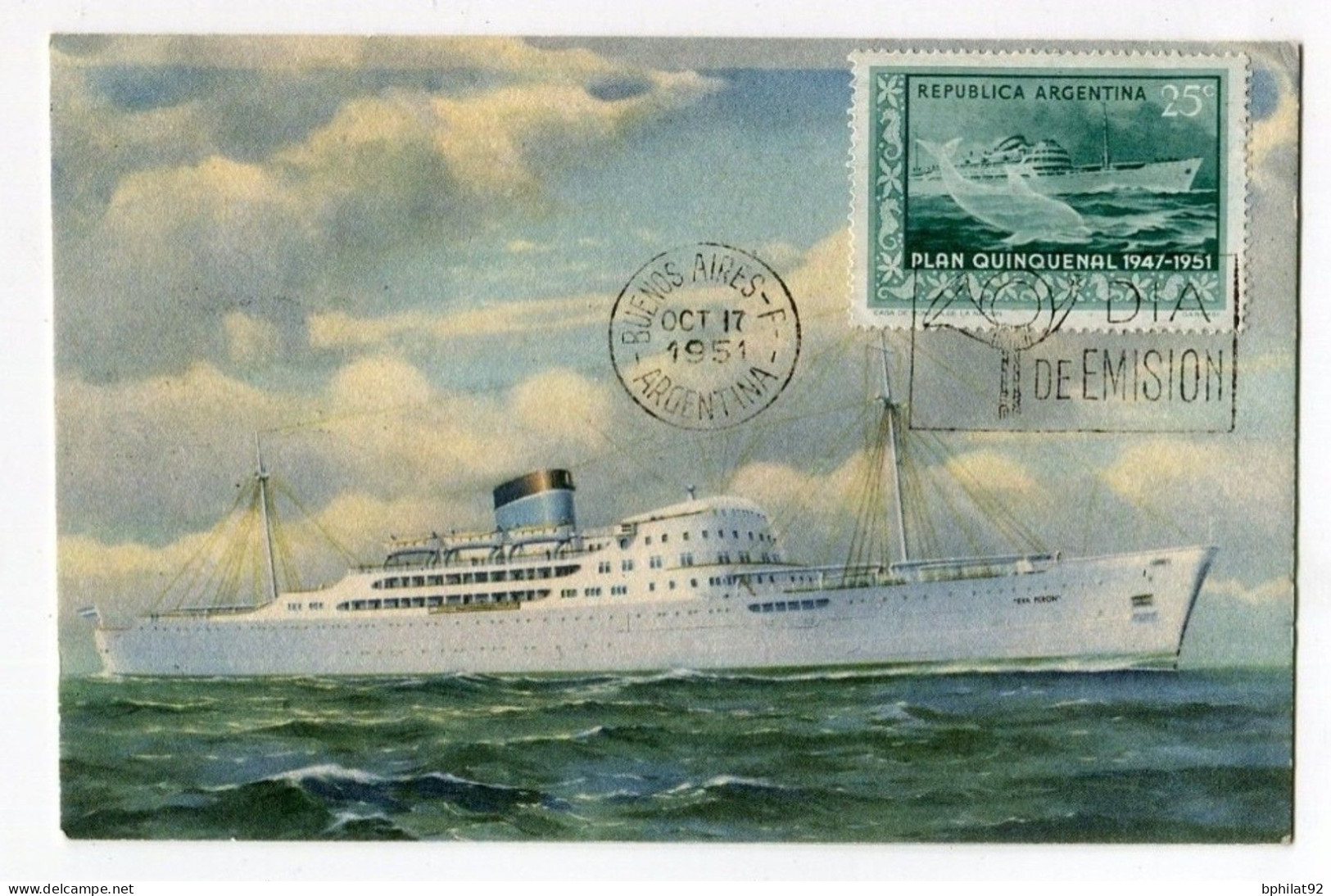 !!! CARTE MAXIMUM PLAN QUINQUENAL CACHET DE BUENOS AIRES DU 17/10/1951 THEME BATEAU - Storia Postale