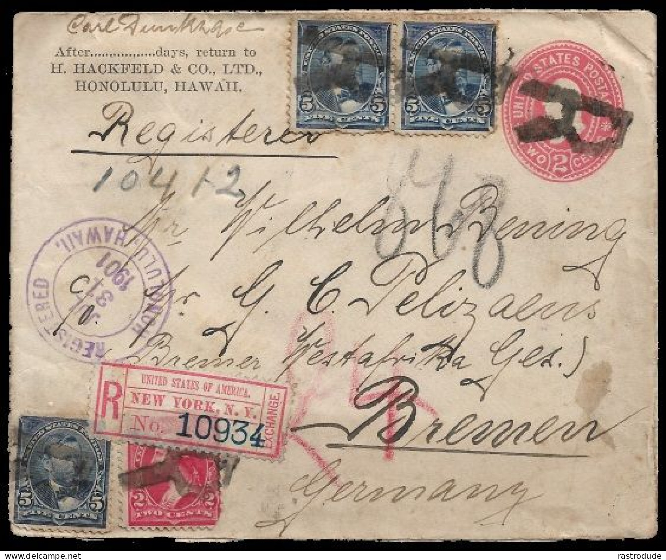 1905 USA, HAWAII REGISTERED UPRATED COMMERCIAL 2C PSE TO BREMEN - Hawai