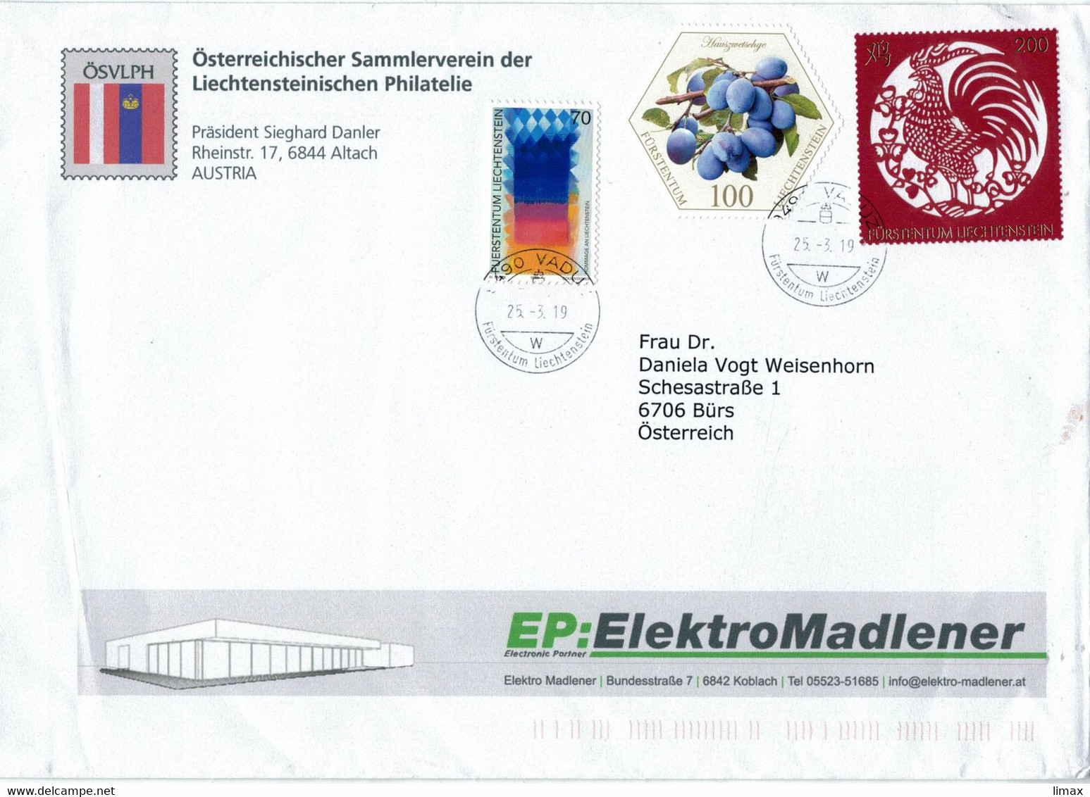 [A4] ÖSVLPH 9490 Vaduz 2019 - Hommage - Haus-Zwetschge - Hahn (Laser-Schnitt-Marke) - Storia Postale