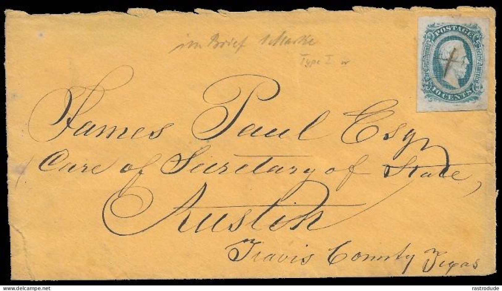 1860s US CONFEDERATE STATES TURNED COVER CASTROVILLE To AUSTIN - 1861-65 Confederate States