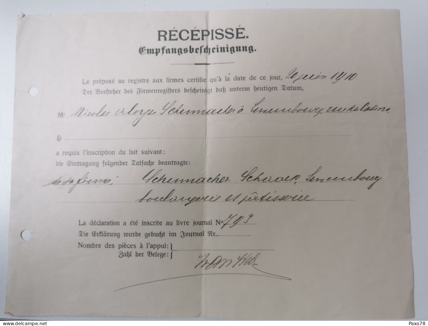 Récépissé, Luxembourg 1910 - Cartas & Documentos