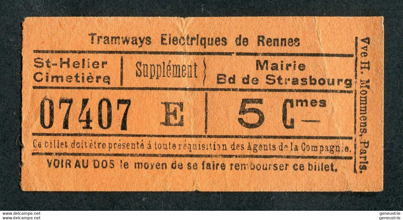 Ticket Billet Tramway Début XXe "Tramways Electriques De Rennes / St Hélier - Mairie - Bd De Strasbourg - 5 Cmes" - Europa