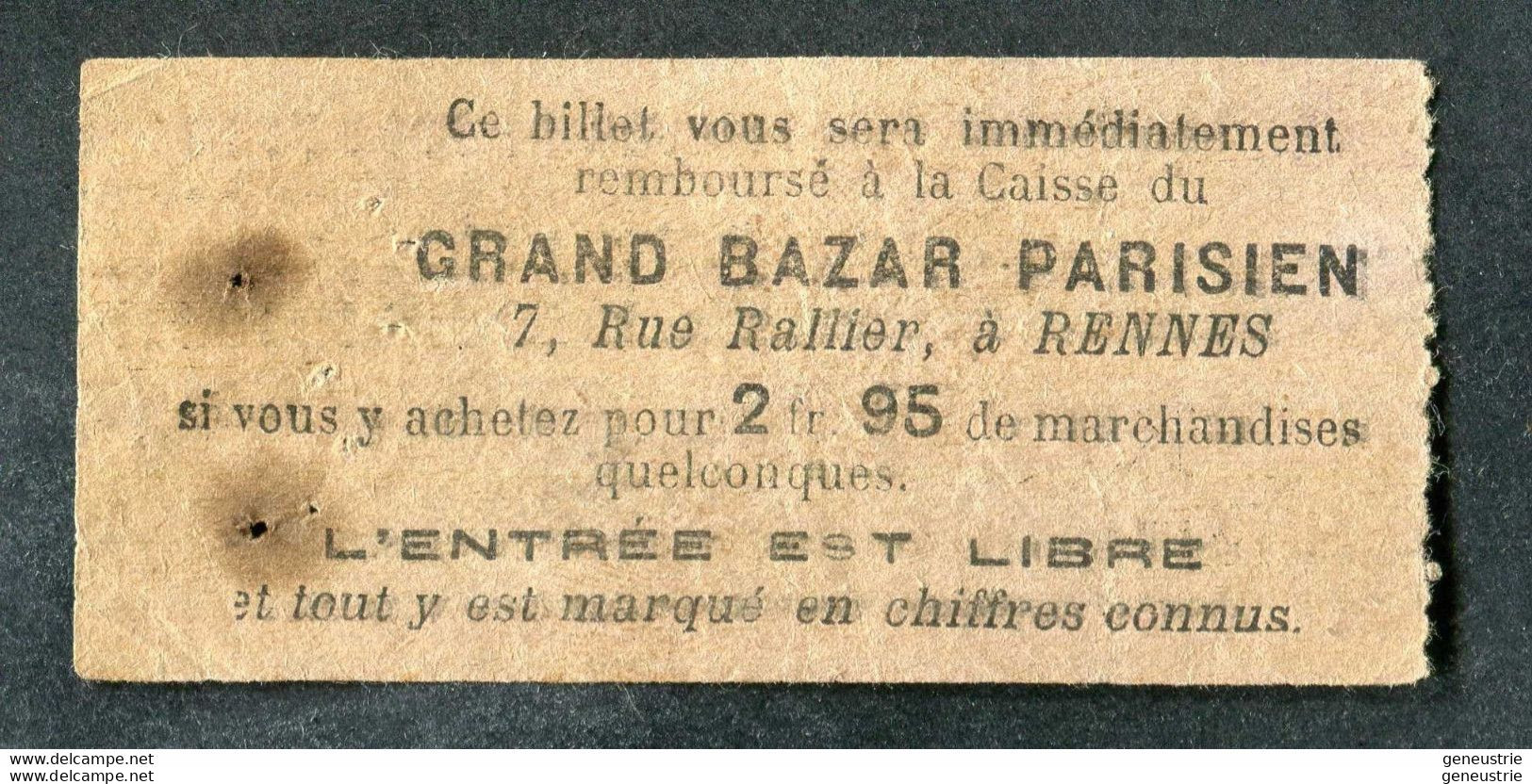 Ticket Billet Tramway Début XXe "Tramways Electriques De Rennes / Fg De Paris - Place De La Mairie - 10 Cmes" - Europa