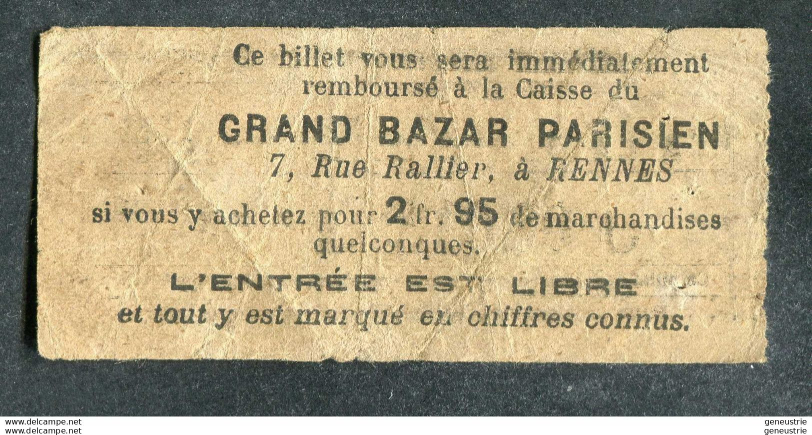 Ticket Billet Tramway Début XXe "Tramways Electriques De Rennes / Gare - Place De La Mairie - 10 Cmes" - Europe