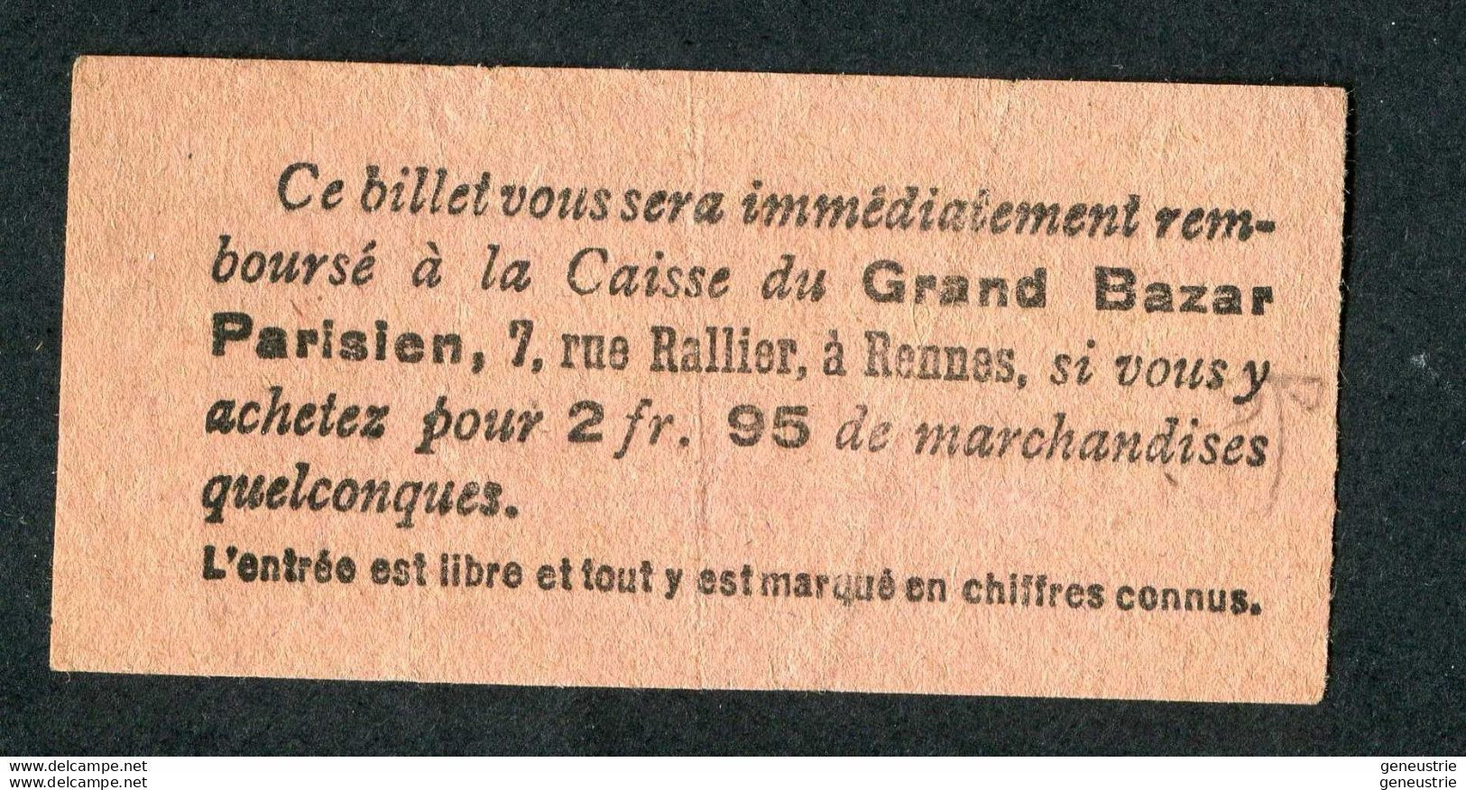 Ticket Billet Tramway Début XXe "Tramways Electriques De Rennes / Terminus - Place De La Mairie (Aller) 10 Cmes" - Europa