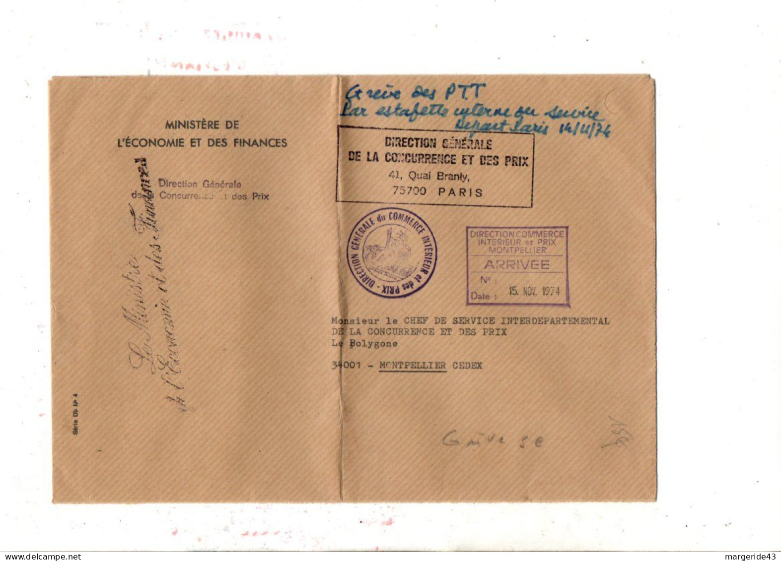 GREVE DES P T T NOVEMBRE 1974 - LETTRE OFFICIELLE DE PARIS POUR MONTPELLIER - Documents