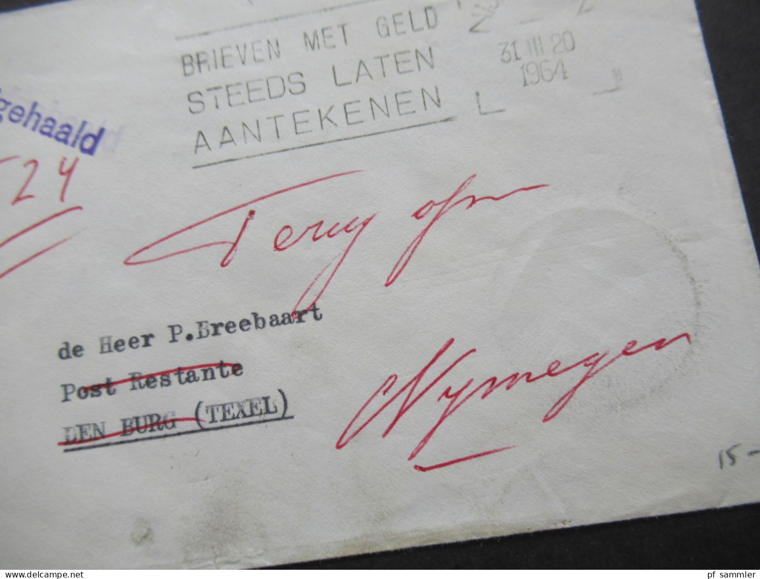 Niederlande 1964 Nijmegen - Den Burg (Texel) Poste Restante Und Violetter Stempel Niet Afgehaald / Postkantoor Nijmegen - Lettres & Documents