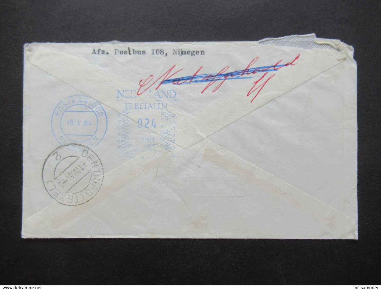 Niederlande 1964 Nijmegen - Den Burg (Texel) Poste Restante Und Violetter Stempel Niet Afgehaald / Postkantoor Nijmegen - Storia Postale