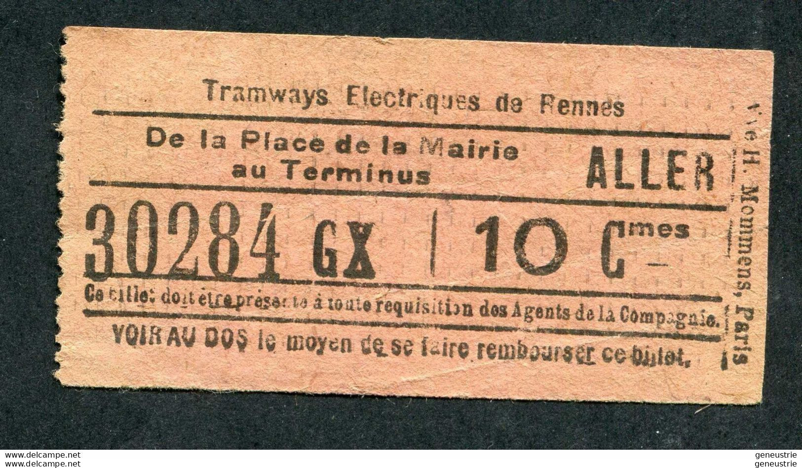 Ticket Billet Tramway Début XXe "Tramways Electriques De Rennes / Place De La Mairie - Terminus (Aller) 10 Cmes" - Europa