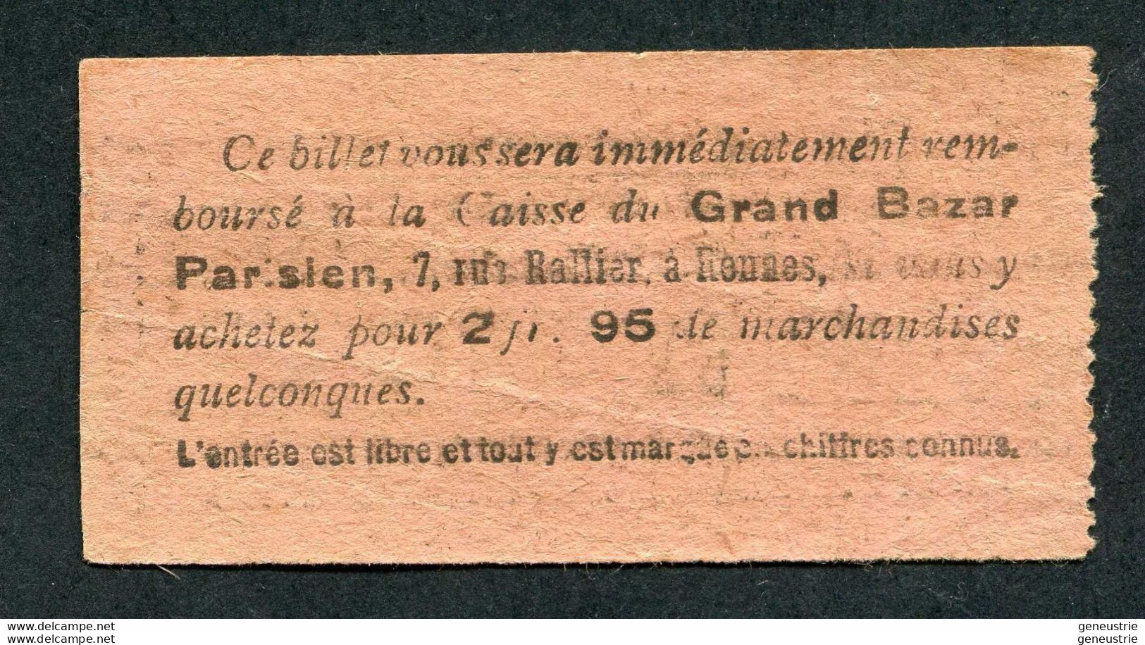 Ticket Billet Tramway Début XXe "Tramways Electriques De Rennes / Place De La Mairie - Terminus (Aller) 10 Cmes" - Europe