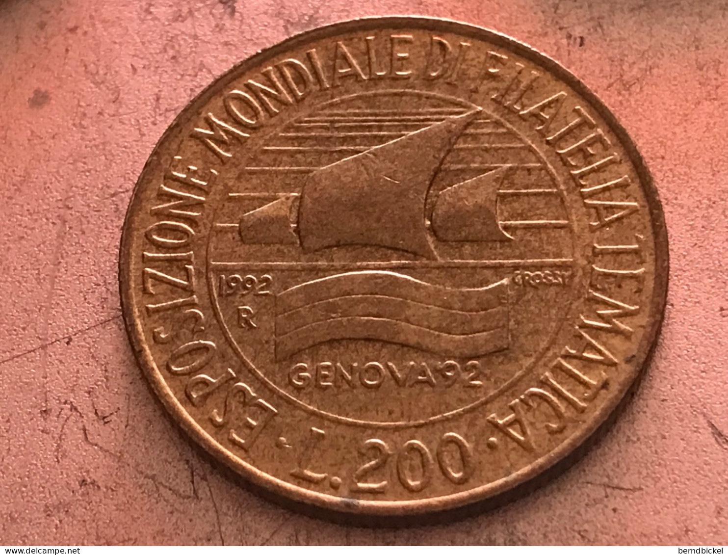 Münze Münzen Umlaufmünze Gedenkmünze Italien 200 Lire 1992 Briefmarkenausstellung Genua - Herdenking