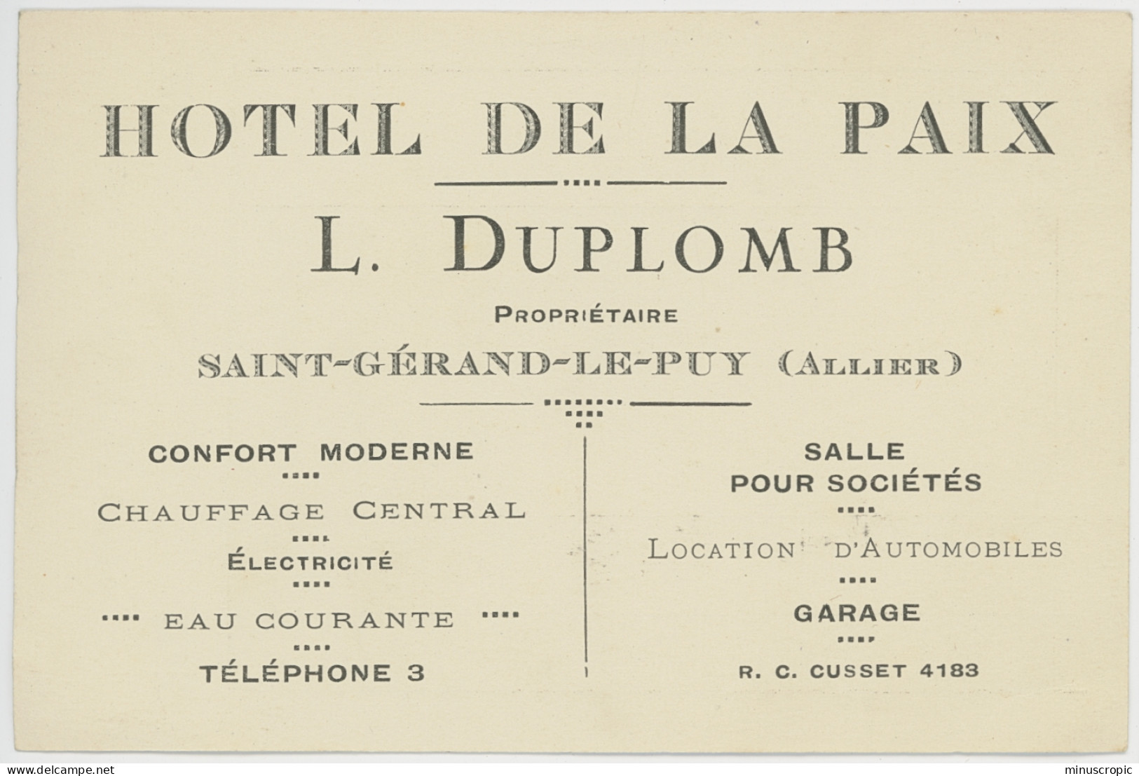 Carte Hotel De La Paix - L Duplomb - Saint Gérand Le Puy - Allier - Visiting Cards