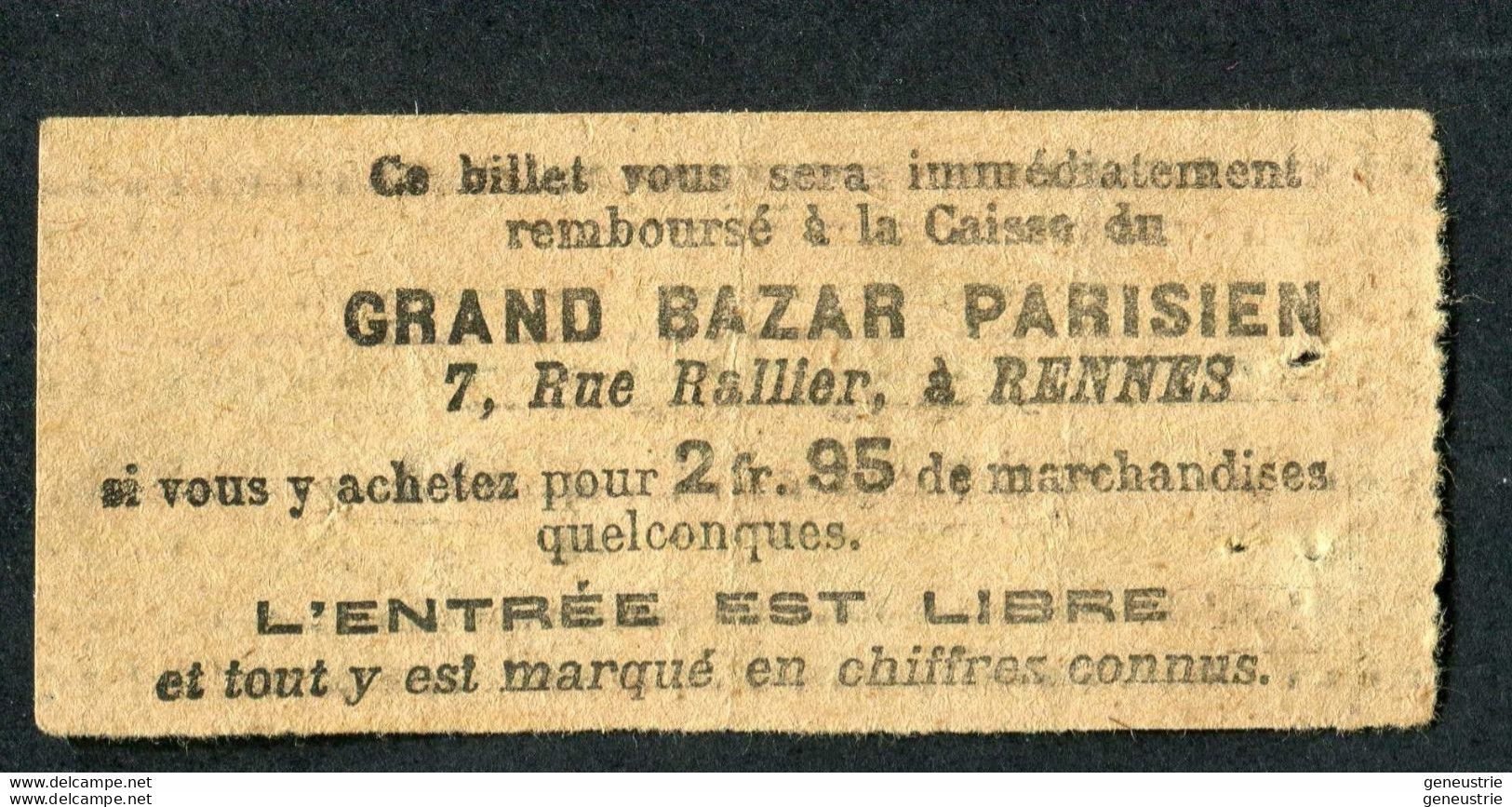 Ticket Billet Tramway Début XXe "Tramways Electriques De Rennes / Place De La Mairie - Croix St Hélier - 10 Cmes" - Europa