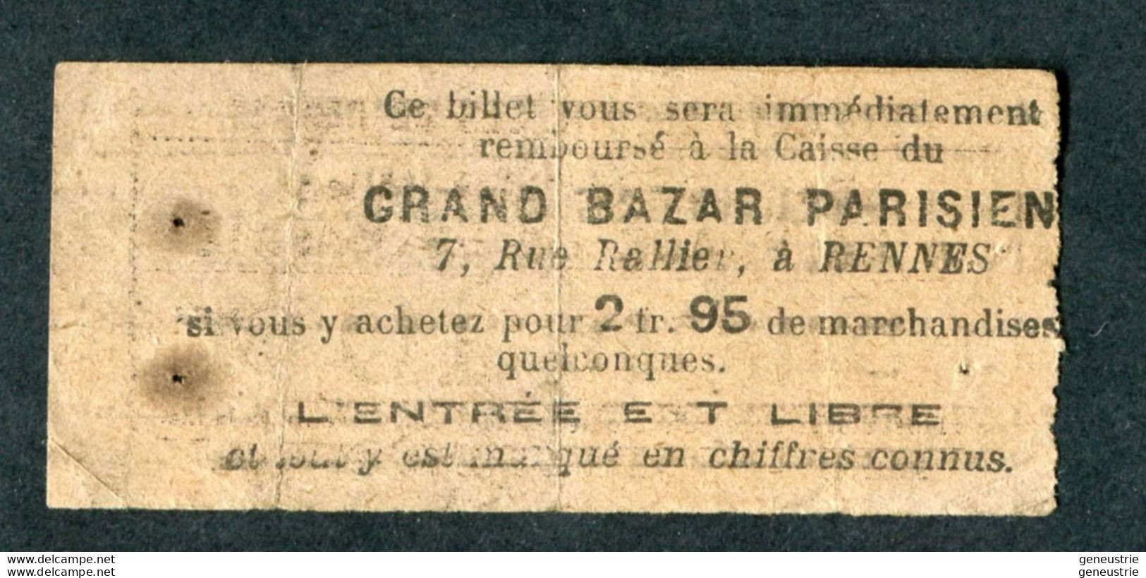 Ticket Billet Tramway Début XXe "Tramways Electriques De Rennes / Croix St Hélier - Pl. De La Mairie / 10 Cmes" - Europa