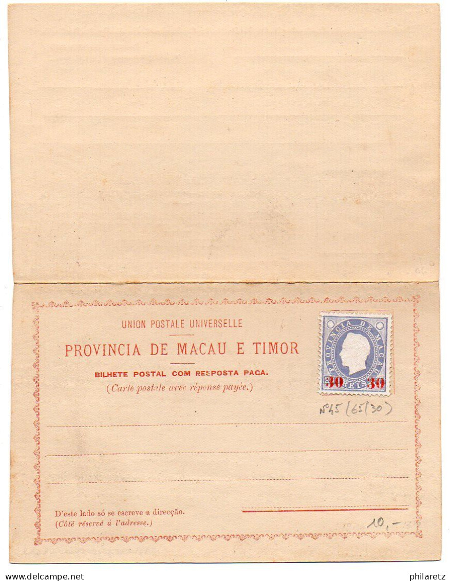 Macao ; N° 45 (cote 65€ Neuf Et 30€ Oblitéré) Sur Carte Postale Avec Réponse Neuve - Covers & Documents