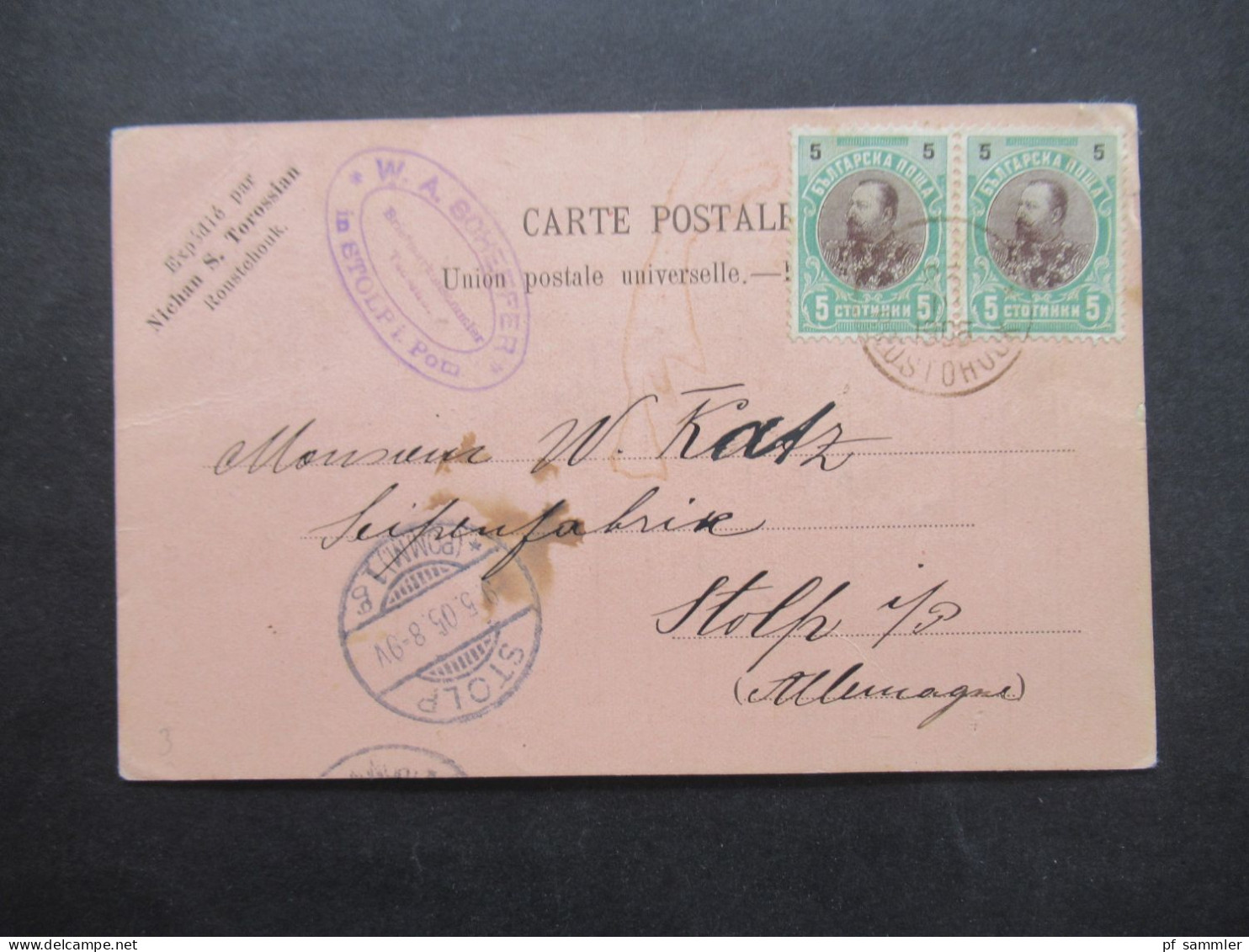 Bulgarien 1905 Firmen PK Timbres Poste Nichan S. Torossian Nach Stolp In Pommern Gesendet Mit Ank. Stempel - Covers & Documents