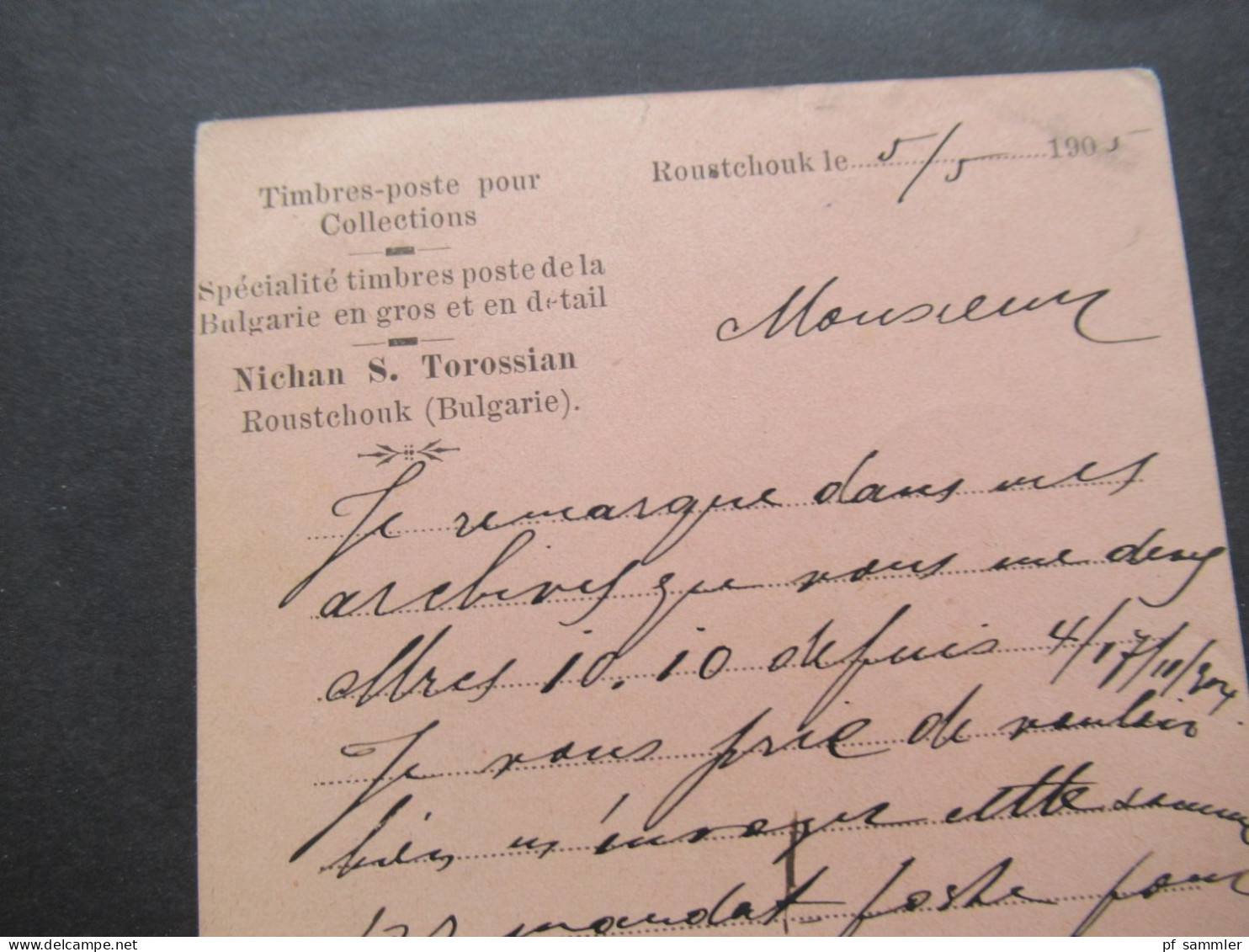 Bulgarien 1905 Firmen PK Timbres poste Nichan S. Torossian nach Stolp in Pommern gesendet mit Ank. Stempel