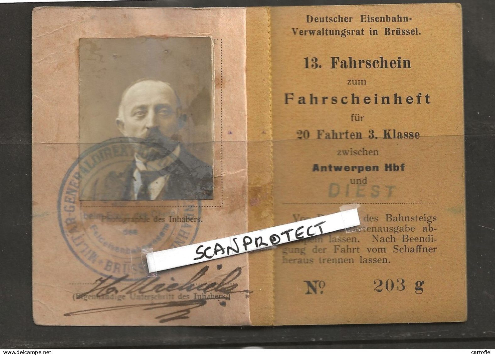 FAHRSCHEINHEFT-BELGIQUE-GUERRE-1915-ANTWERPEN-DIEST-PHOTO+TAMPON-EISENBAHNEN-CARNET-8 FAHRTEN-3.KLASSE-VOYEZ 4 SCANS - Europa