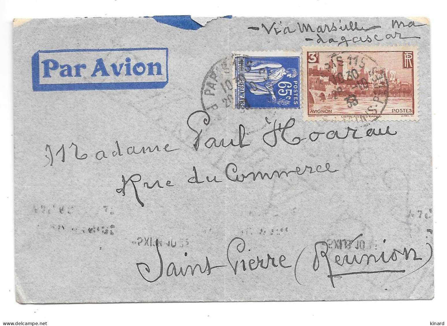  LETTRE  LA REUNION  1938. PAR AVION FLYERS MADAGASCAR AU DOS CACHET POINTES DES GALETS  TBE SCAN - Brieven En Documenten