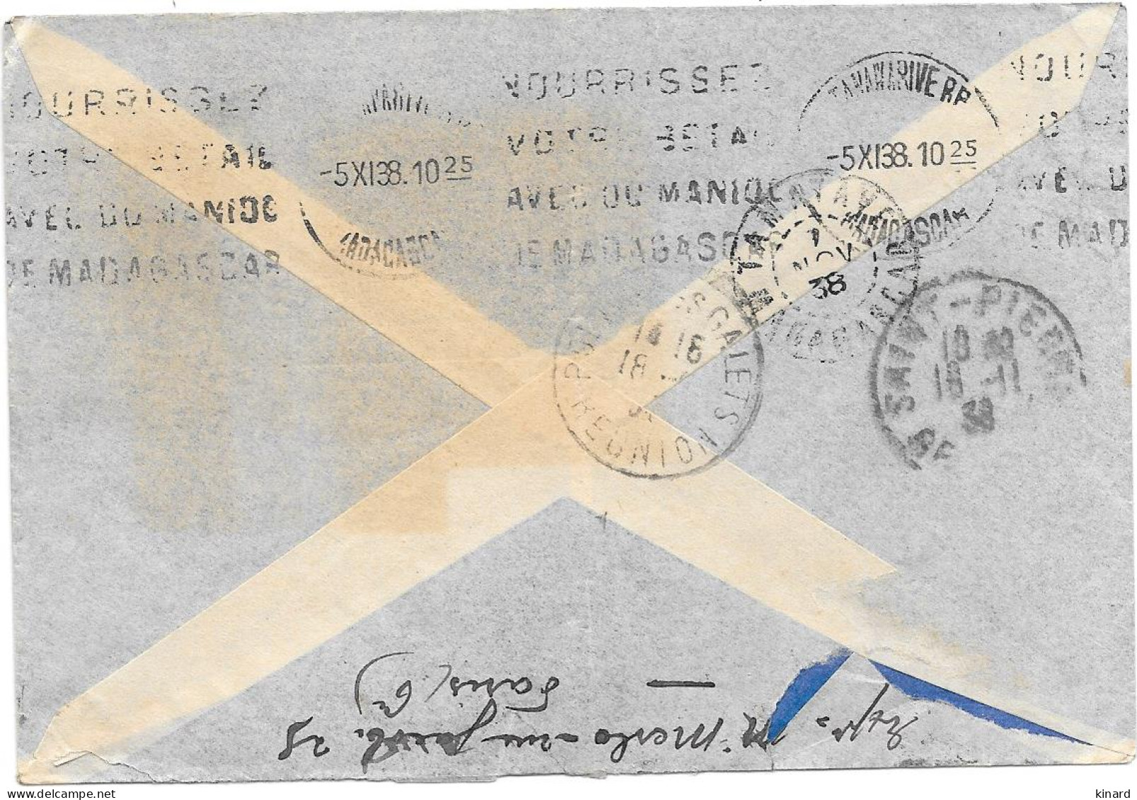  LETTRE  LA REUNION  1938. PAR AVION FLYERS MADAGASCAR AU DOS CACHET POINTES DES GALETS  TBE SCAN - Lettres & Documents