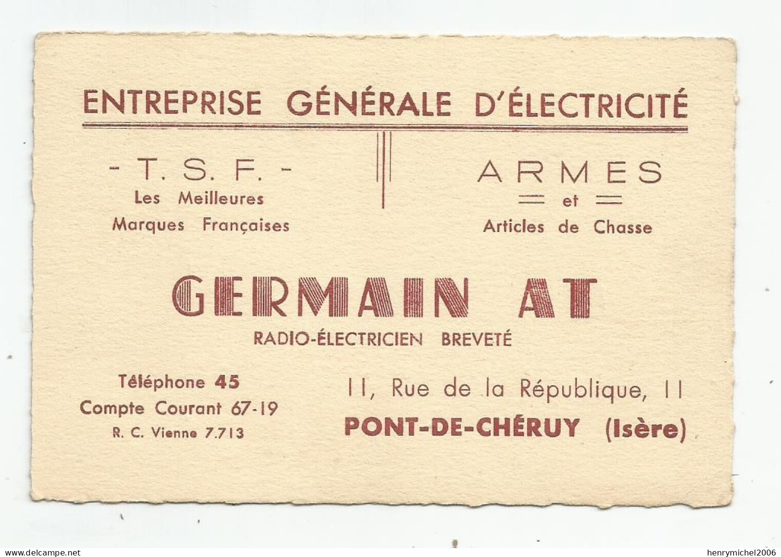 Carte De Visite Cdv Pont De Chéruy 38 Isère - Germain Tsf Armes Articles De Chasse Radio Electricité - Visitenkarten