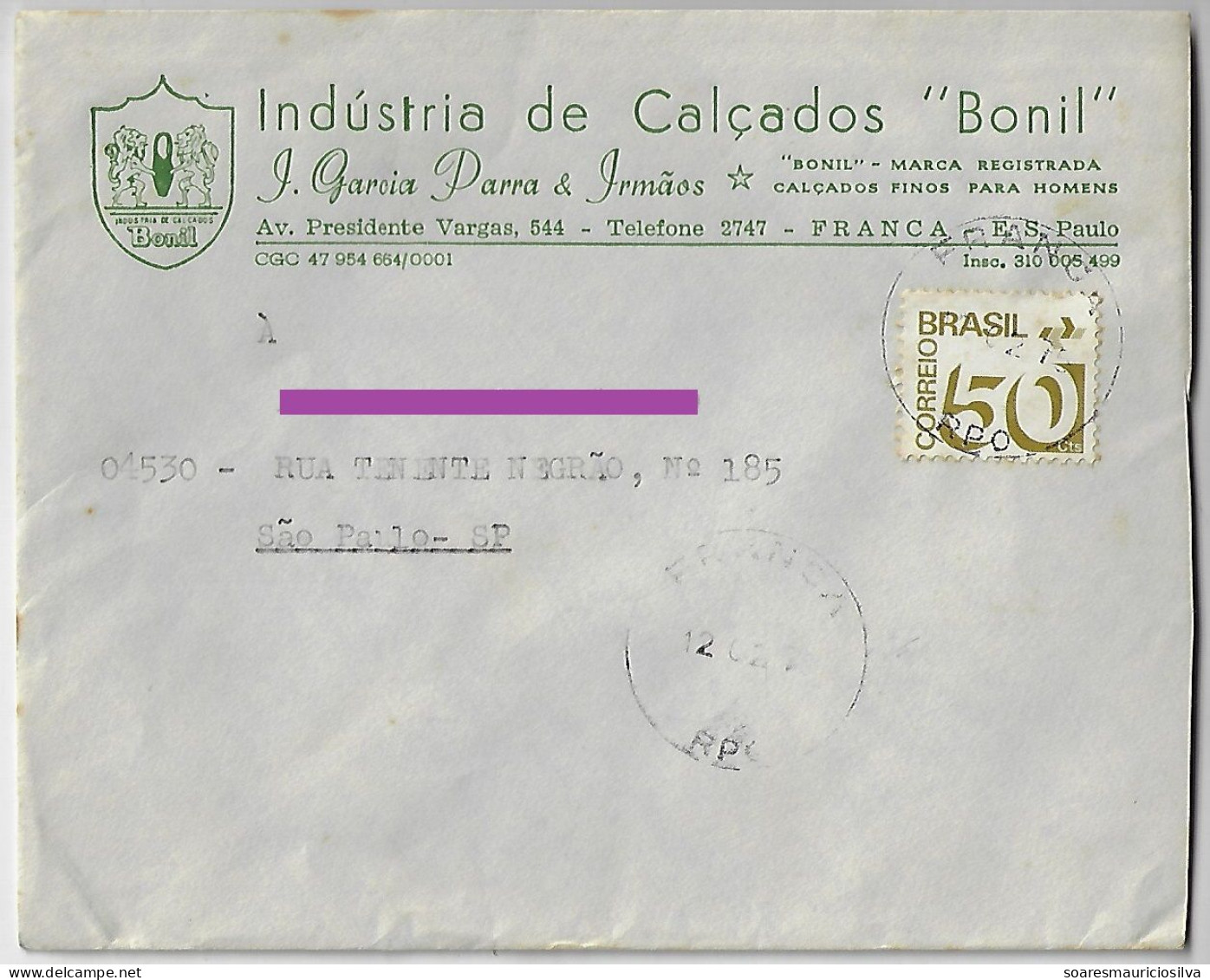 Brazil 1975 Bonil Footwear Industry Cover Sent From Franca To São Paulo Definitive Stamp 50 Cents - Briefe U. Dokumente