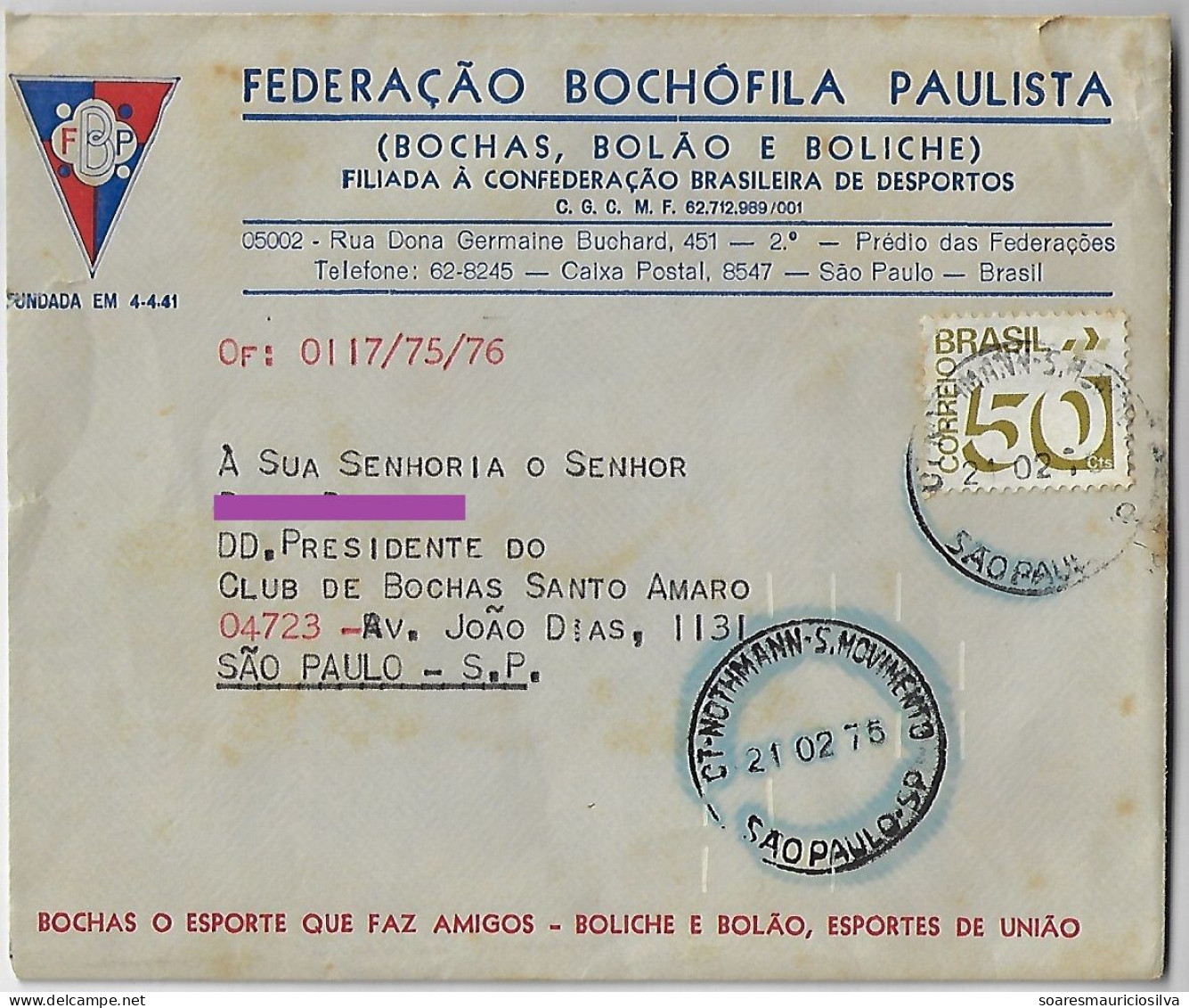 Brazil 1975 São Paulo Bochophile Federation Cover Shipped In São Paulo Agency Nothmann Stamp 50 Cents Telefunken Sorting - Lettres & Documents