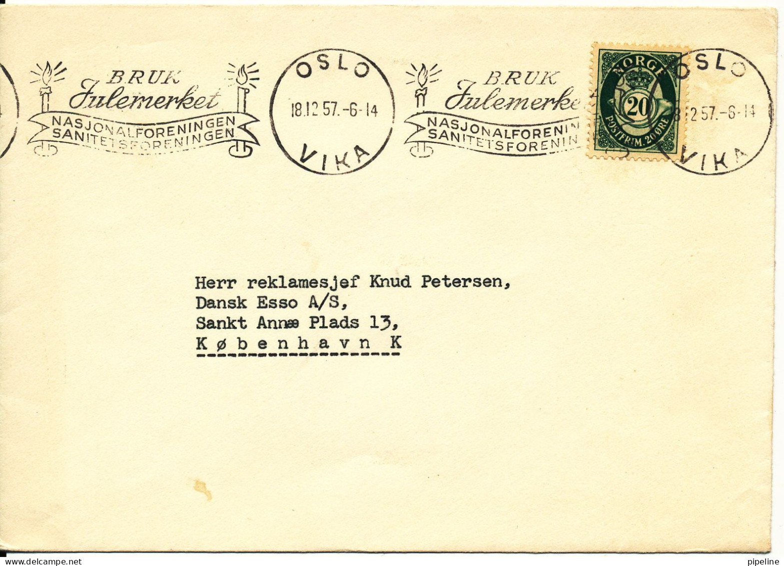 Norway Cover Sent To Denmark Oslo 18-12-1957 (Bruk Julemerket Nasjonalforeningen Sanitetsforeningen) - Covers & Documents