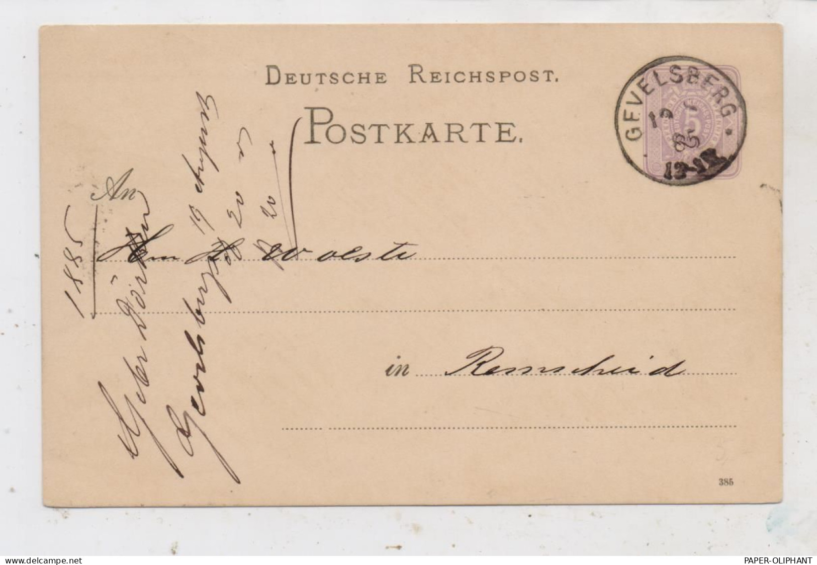 5820 GEVELSBERG, Postgeschichte, Einkreis - Rundstempel 1885, Postkarte Nach Remscheid - Gevelsberg