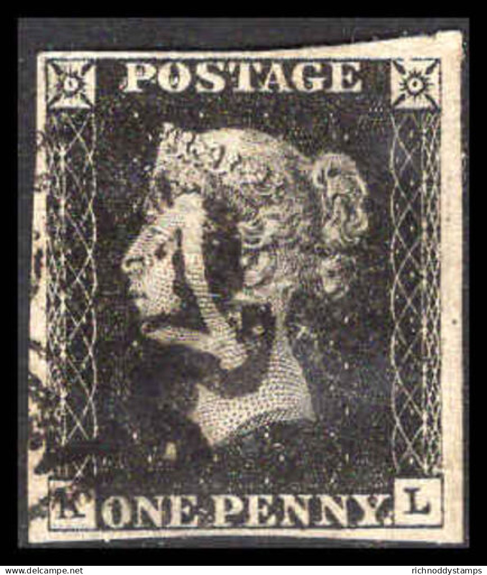 1840 1d Black K-L Showing Guide-line Through Value. 4 Good To Huge Margins Small Thin. Spec A1i - Oblitérés