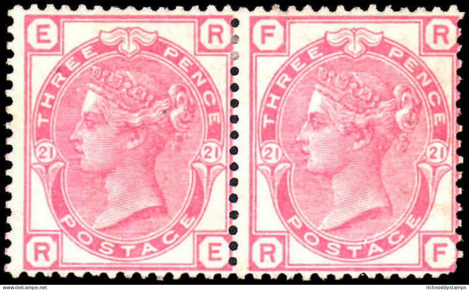 1881 3d Rose Plate 21 Crown Unused Horizontal Pair Without Gum. Clean Appearance One Stamp With Rounded Corner. - Unused Stamps