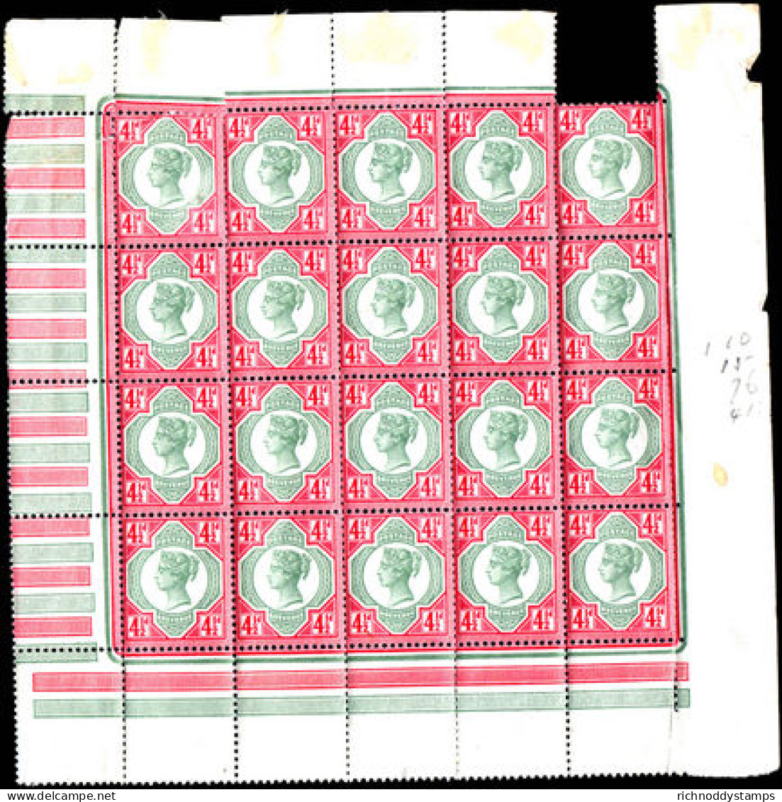 1887-1900 4&#189;d Green And Carmine Unmounted Pane. Not Perfect So Please Enquire Before Purchase. - Neufs