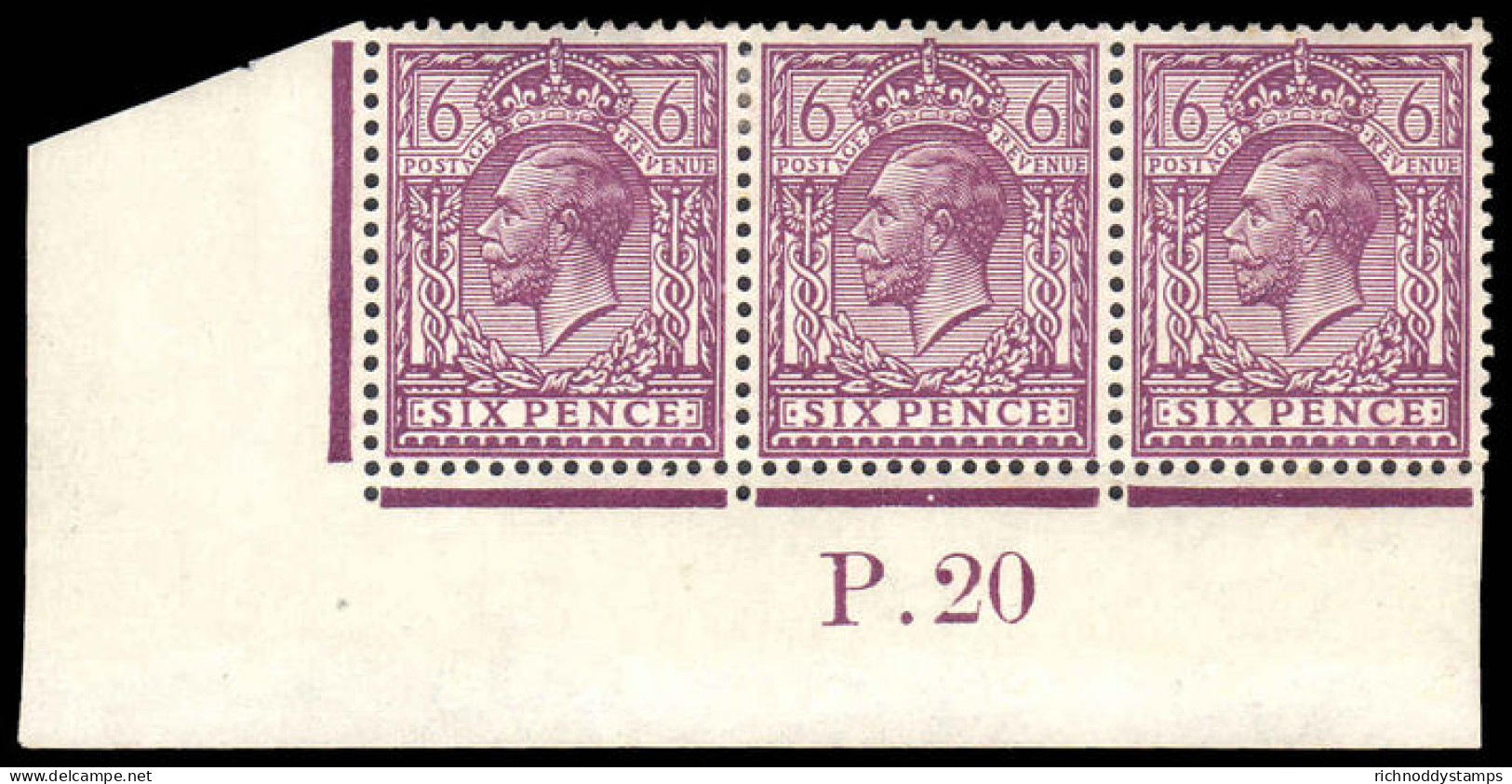 1913 6d Dull Purple Cylinder P20 Strip Of Three One Unmounted. - Neufs