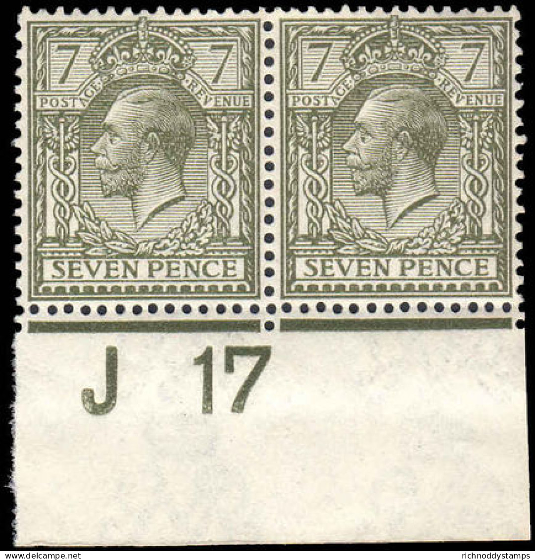 1913 7d Olive Cylinder J17 Imperf Pair Unmounted Mint (hinged On Margin). - Neufs