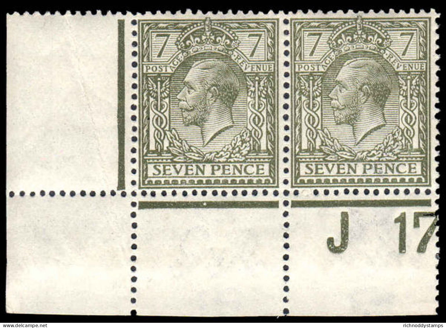 1913 7d Olive Cylinder J17 Perf Pair Unmounted Mint. - Ungebraucht