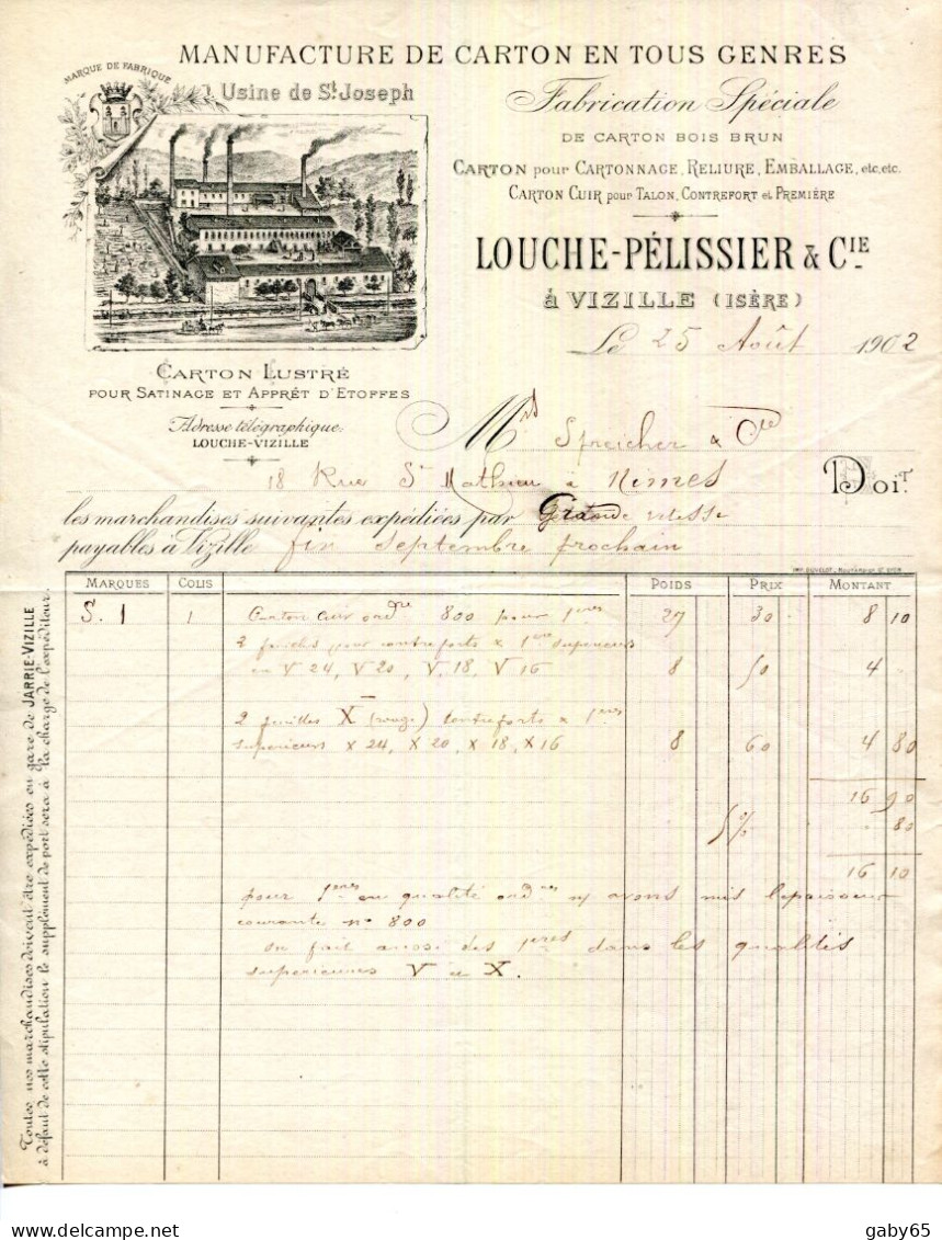 FACTURE.38.VIZILLE.MANUFACTURE DE CARTON EN TOUS GENRES.LOUCHE-PELISSIER & Cie.USINE DE SAINT JOSEPH. - Imprenta & Papelería