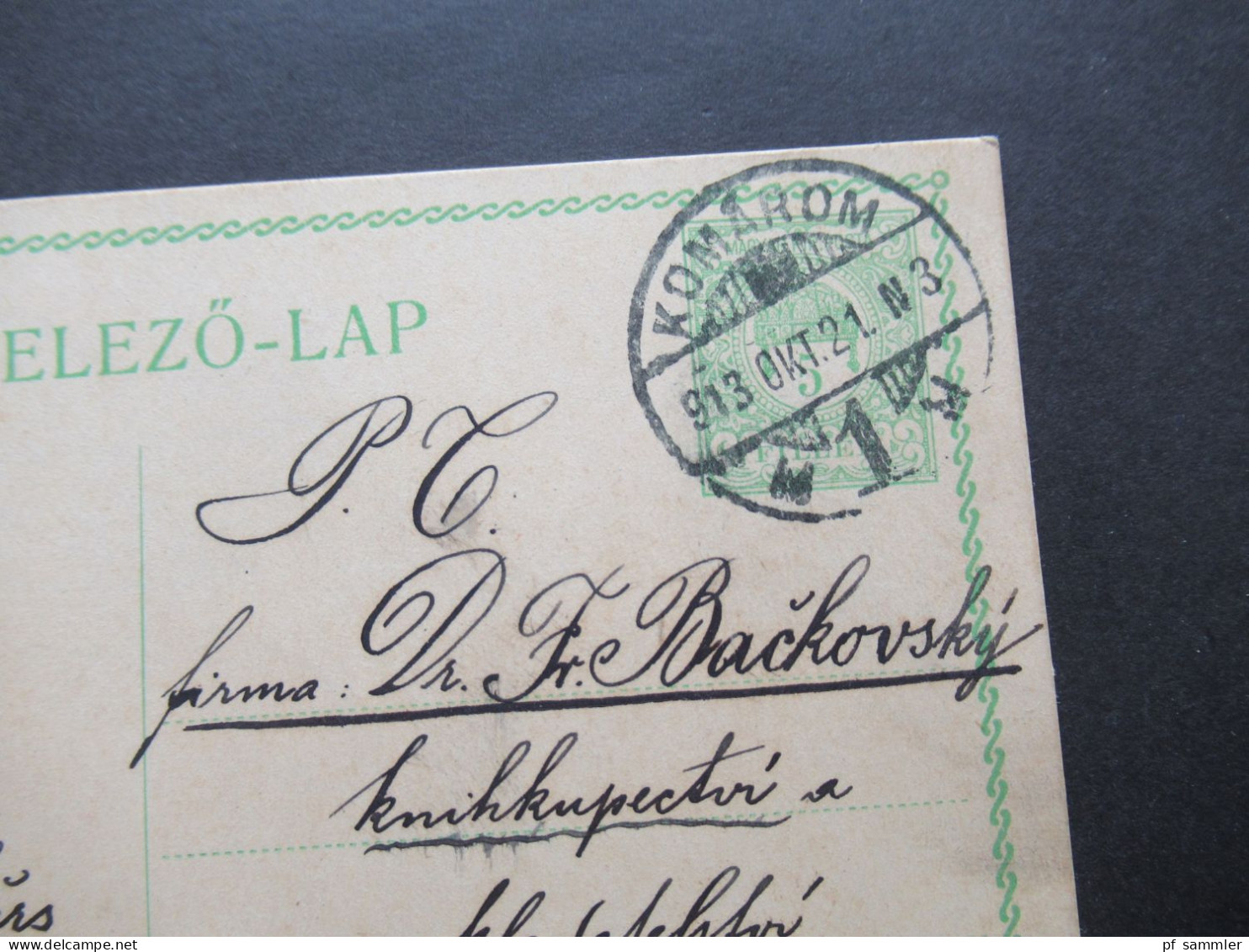 Ungarn Ganzsache 1913 Stempel Komarom Abs. U'Rechnungsunteroffz. Kurs Des V. Korps Werk I. Nach Böhmen - Entiers Postaux