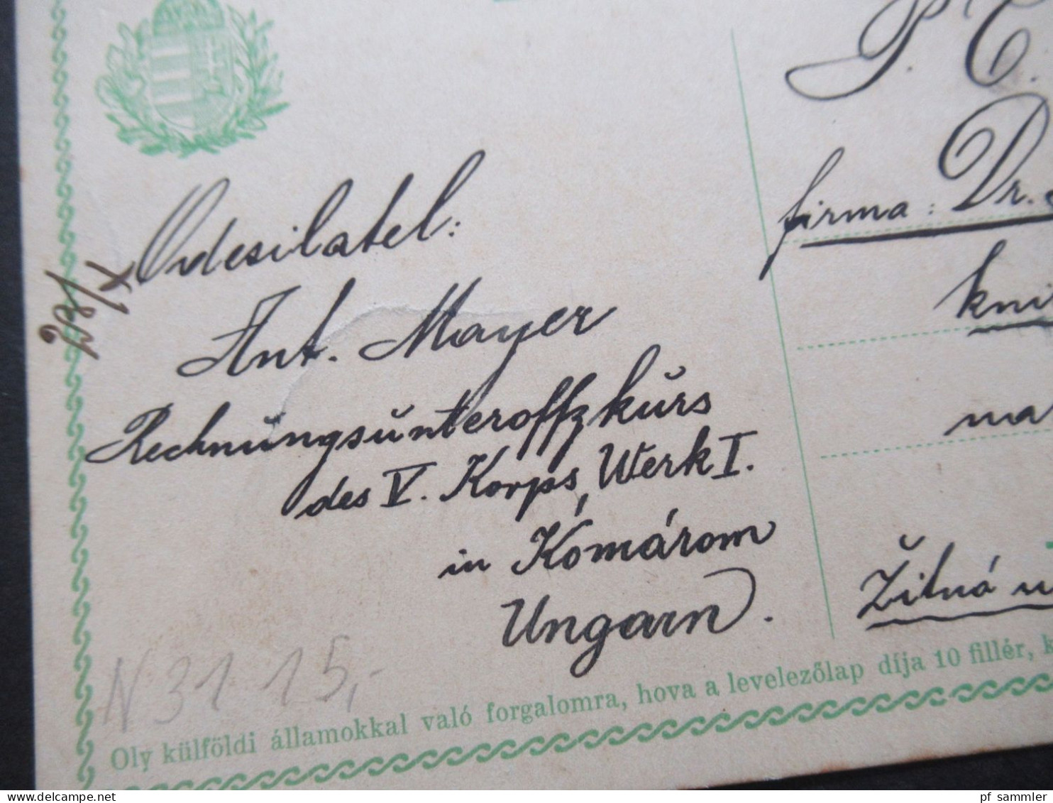 Ungarn Ganzsache 1913 Stempel Komarom Abs. U'Rechnungsunteroffz. Kurs Des V. Korps Werk I. Nach Böhmen - Enteros Postales