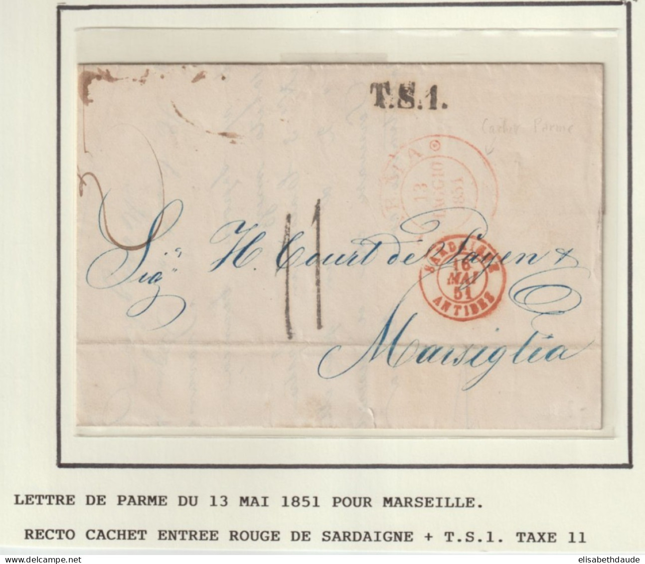 1851 - LETTRE De PARME Avec MARQUE D'ENTREE SARDAIGNE ANTIBES (VAR) SUP ! => MARSEILLE - Marques D'entrées