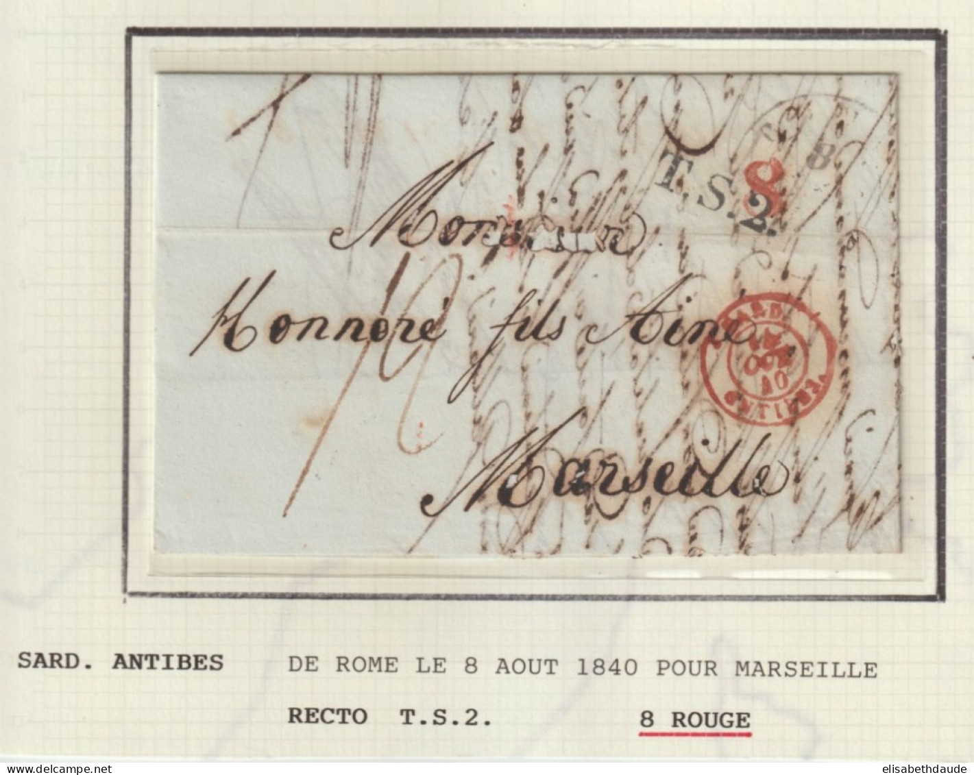 1840 - LETTRE De ROME Avec MARQUE D'ENTREE SARD. ANTIBES (VAR) => MARSEILLE - Entry Postmarks